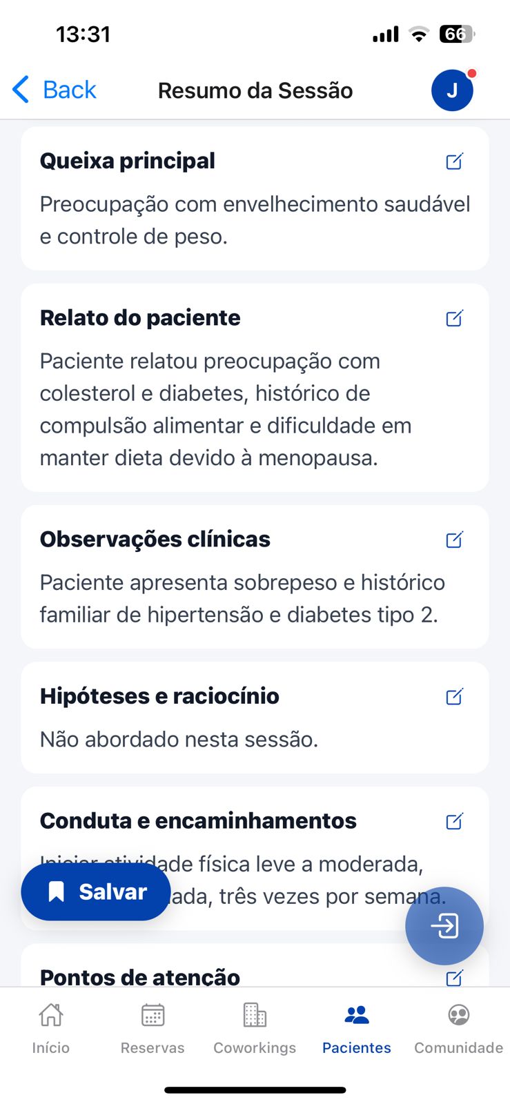 Prontuário estruturado gerado automaticamente pela IA.