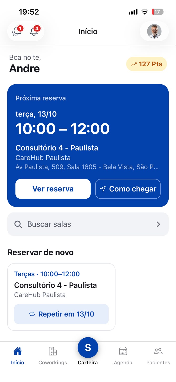 Tela inicial do app com a próxima reserva e o atalho Reservar de novo